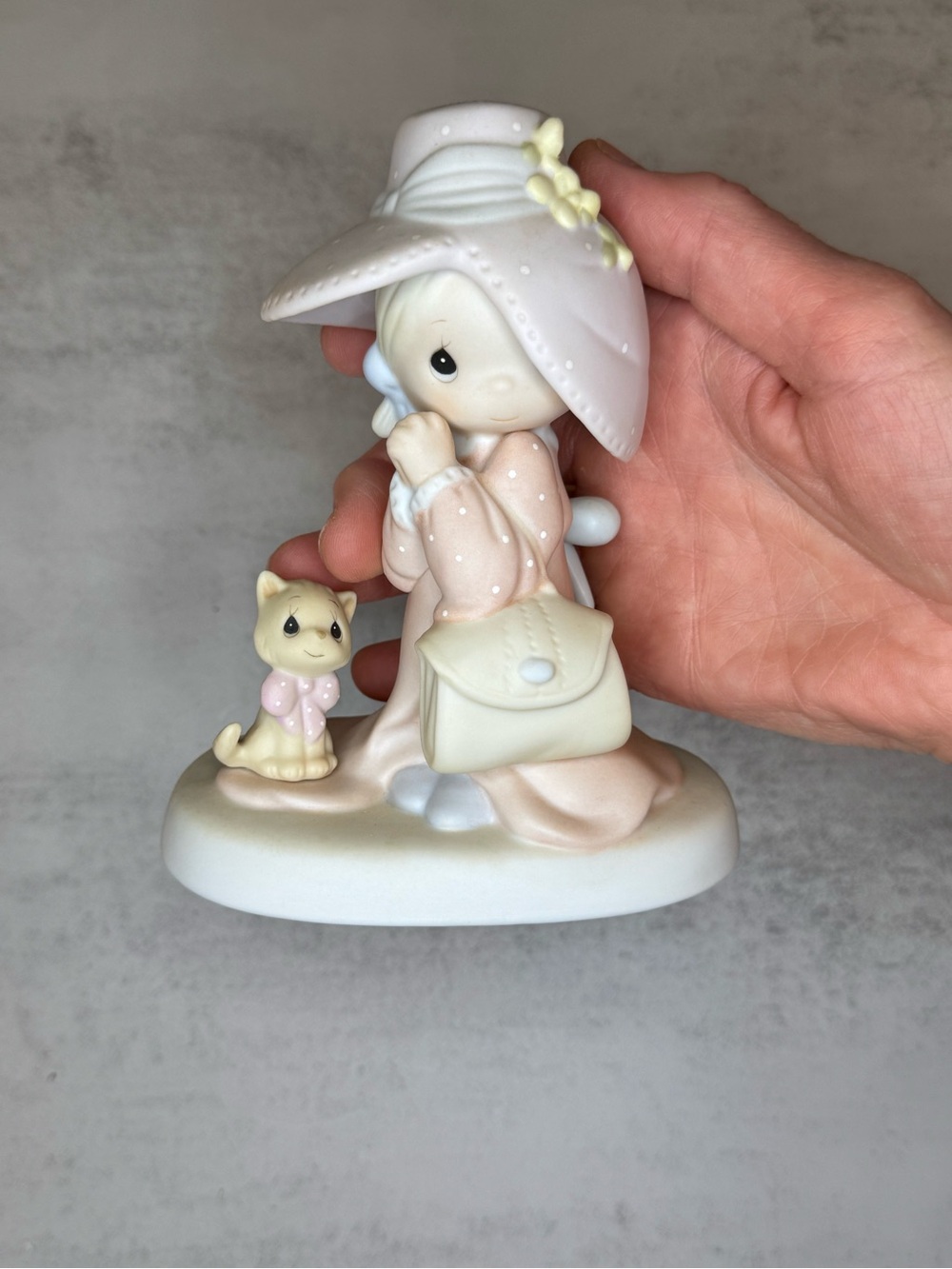 Precious Moments Girl Figurine with Kitten in Pastel Pink and Cream